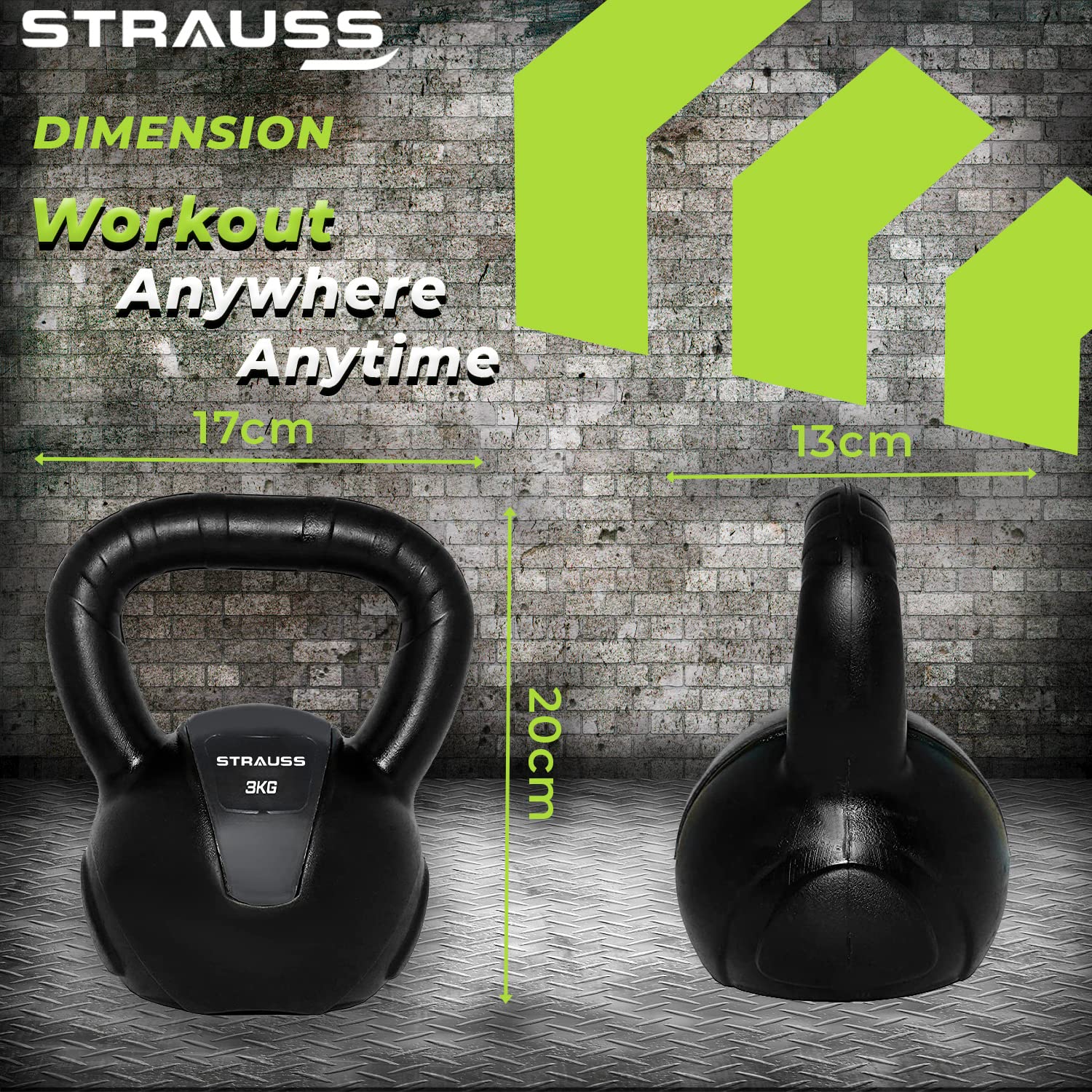 Strauss PVC Kettlebell Weights, 3Kg, (Black)