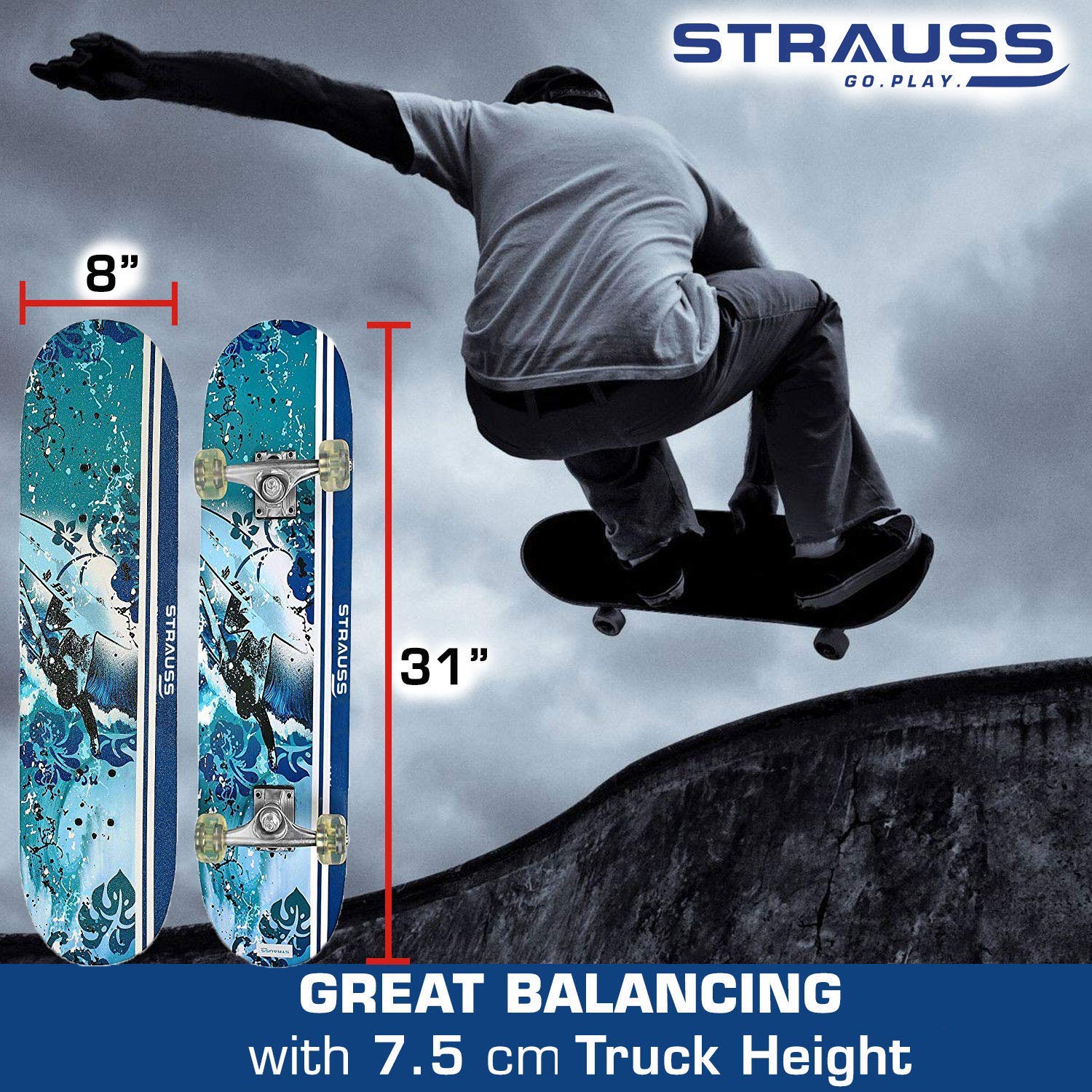 Strauss Bronx FT Skateboard, (31" x 8") with Protective Gear, Blue