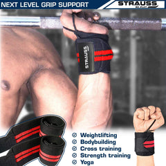 Strauss WL Cotton Wrist Supporter with Thumb Loop Straps & Closures for Gym, Workouts & Strength Training| Adjustable & Breathable with Powerful Velcro & Soft Material, (Black/red)