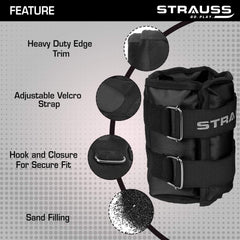 Strauss Adjustable Ankle/Wrist Weights 1.5 KG X 2 | Ideal for Walking, Running, Jogging, Cycling, Gym, Workout & Strength Training | Easy to Use on Ankle, Wrist, Leg, (Black)