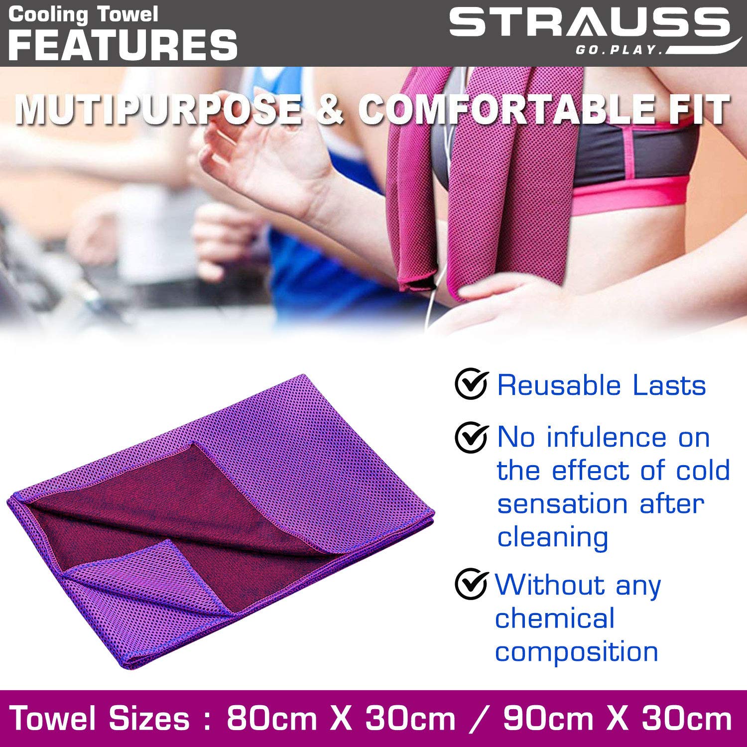 STRAUSS Cooling Towel, 80 cm, (Purple)