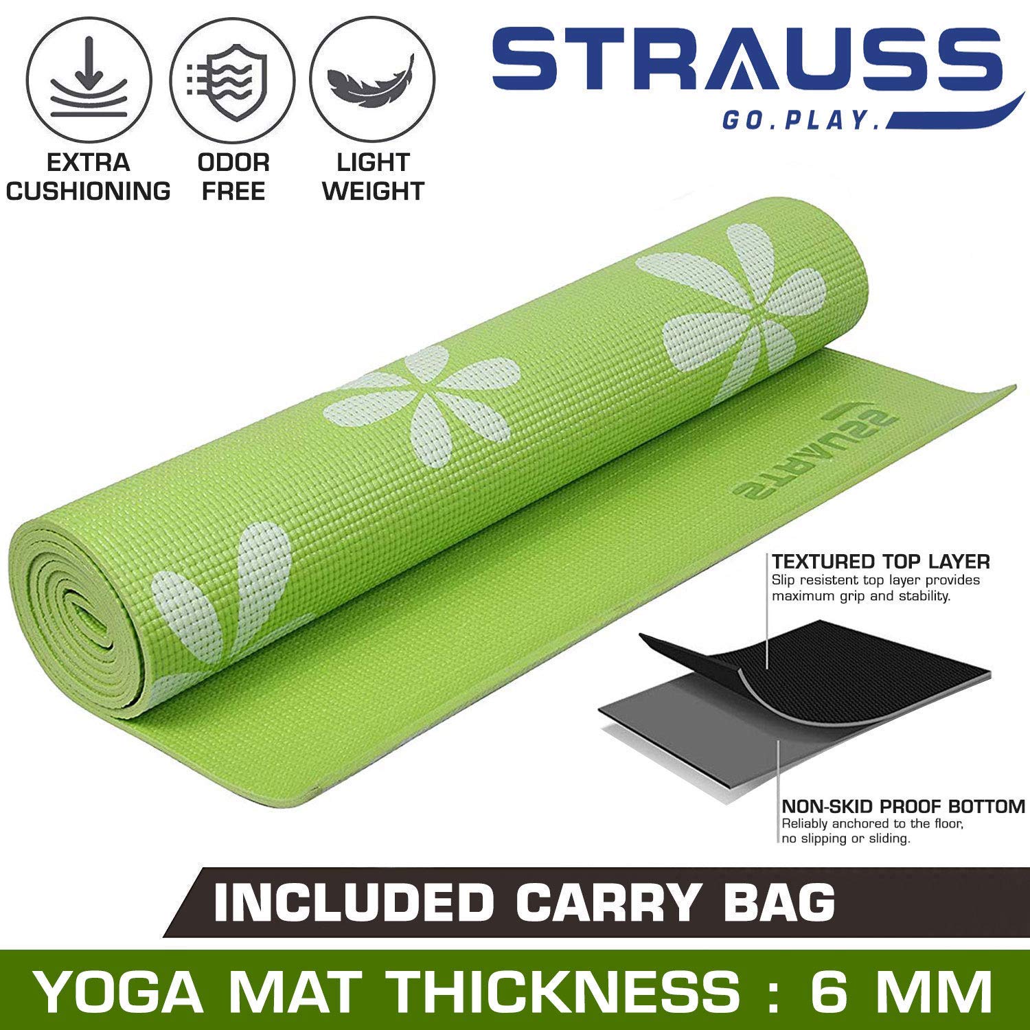 Tesler Strauss Yoga Mat 6MM (Floral Green) and Yoga Knee Pad Cushions, (Blue)