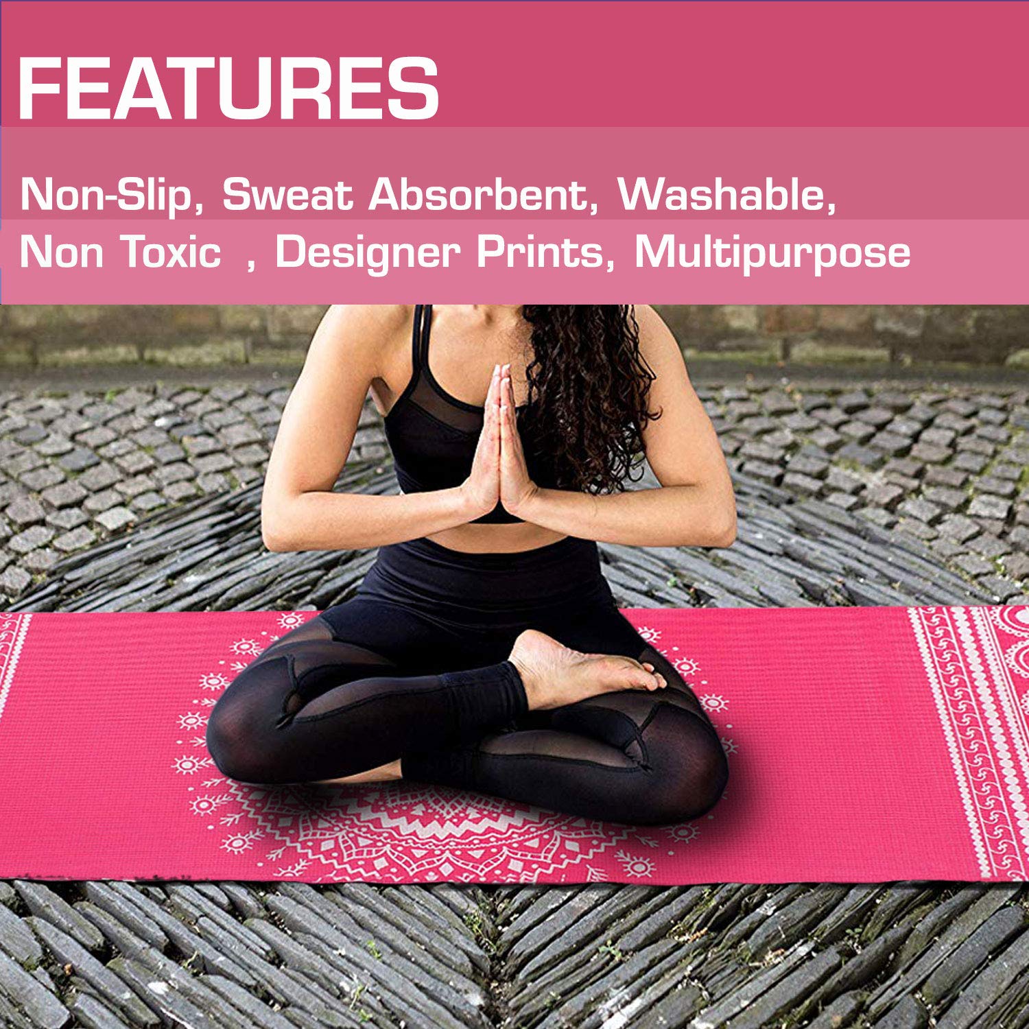 Strauss Meditation Designer Yoga Mat 5 mm (Pink), Yoga Block Dual Color (Pink)  Pair, Anti-Slip Yoga Towel (Blue) and Yoga Belt (Orange)