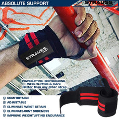 Strauss WL Cotton Wrist Supporter with Thumb Loop Straps & Closures for Gym, Workouts & Strength Training| Adjustable & Breathable with Powerful Velcro & Soft Material, (Black/red)