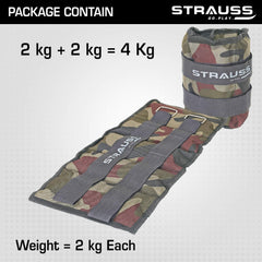 Strauss Adjustable Ankle/Wrist Weights 2 KG X 2 | Ideal for Walking, Running, Jogging, Cycling, Gym, Workout & Strength Training | Easy to Use on Ankle, Wrist, Leg, (Camouflage)