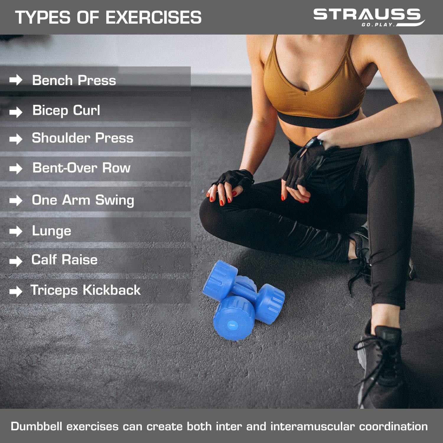 Strauss Unisex PVC Dumbbells Weight for Men & Women | 2Kg (Each)| 4Kg (Pair) | Ideal for Home Workout and Gym Exercises (Blue)