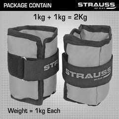 Strauss Adjustable Ankle/Wrist Weights 1 KG X 2 | Ideal for Walking, Running, Jogging, Cycling, Gym, Workout & Strength Training | Easy to Use on Ankle, Wrist, Leg, (Grey)