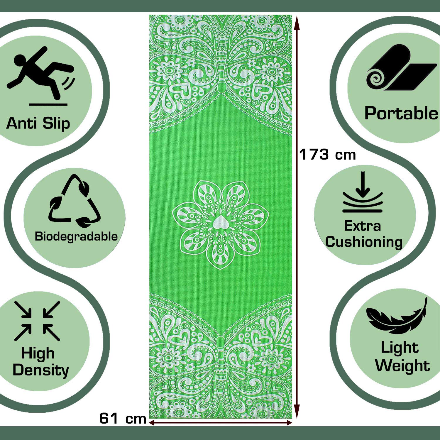 Strauss Meditation Butterfly Yoga Mat, 5 mm, (Green), Yoga Block (Green), Pair, Anti-Microbial Sports Cooling Towel(Grey) and Yoga Belt, 8 Feet, (Blue)