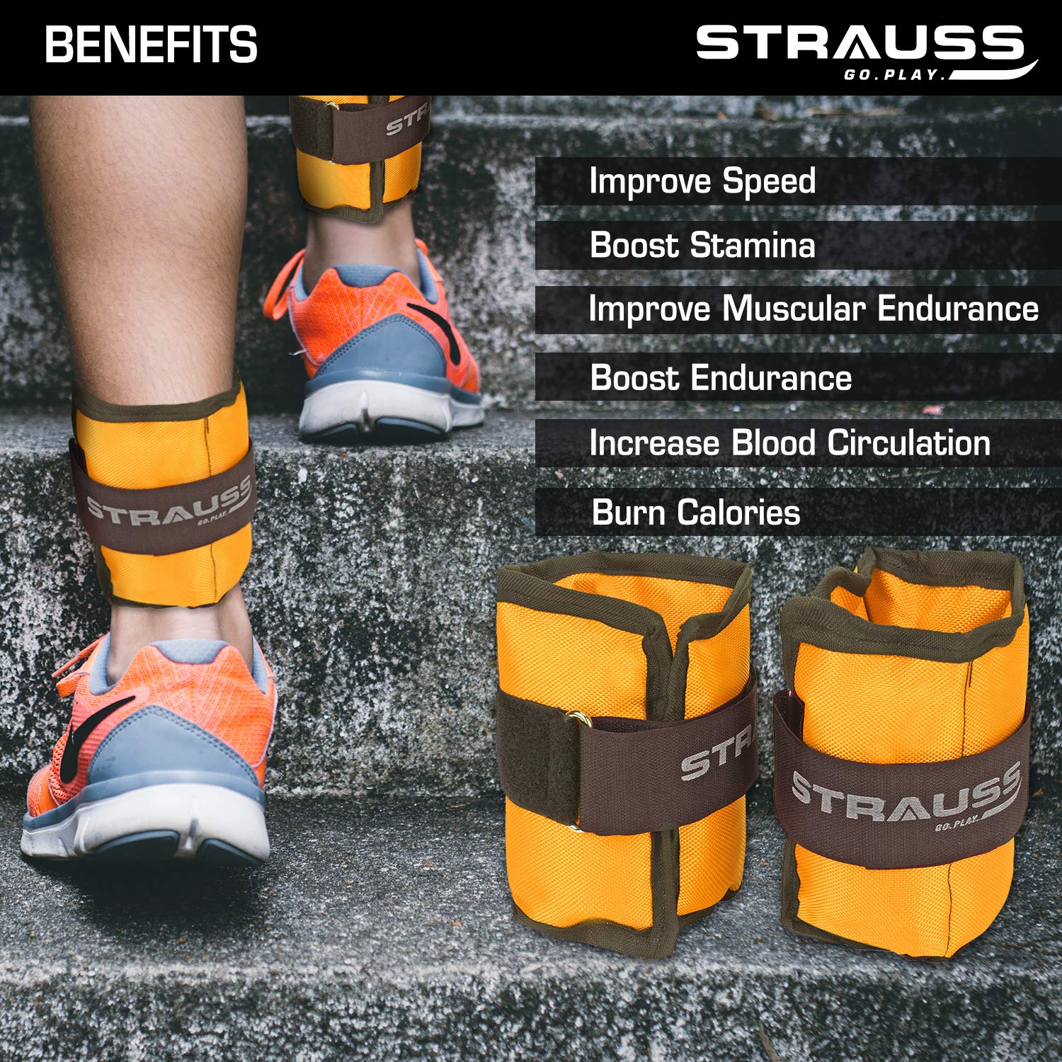 Strauss Adjustable Ankle/Wrist Weights 1 KG X 2 | Ideal for Walking, Running, Jogging, Cycling, Gym, Workout & Strength Training | Easy to Use on Ankle, Wrist, Leg, (Yellow)