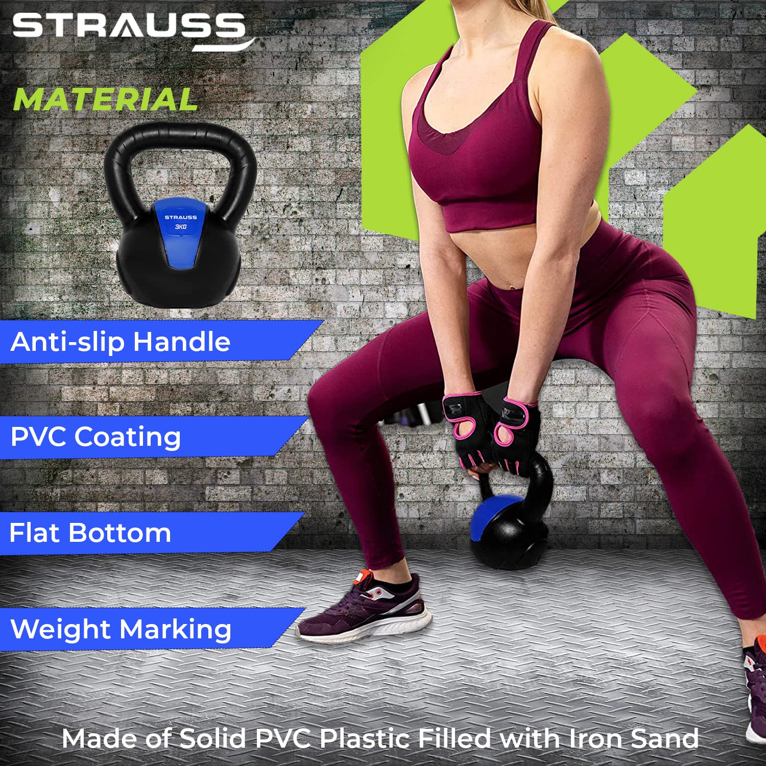 Strauss PVC Kettlebell Weights, 3Kg, (Blue)