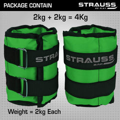 Strauss Adjustable Ankle/Wrist Weights 2 KG X 2 | Ideal for Walking, Running, Jogging, Cycling, Gym, Workout & Strength Training | Easy to Use on Ankle, Wrist, Leg, (Green)