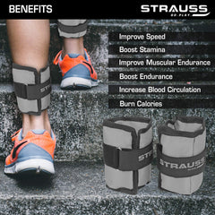 Strauss Adjustable Ankle/Wrist Weights 1 KG X 2 | Ideal for Walking, Running, Jogging, Cycling, Gym, Workout & Strength Training | Easy to Use on Ankle, Wrist, Leg, (Grey)