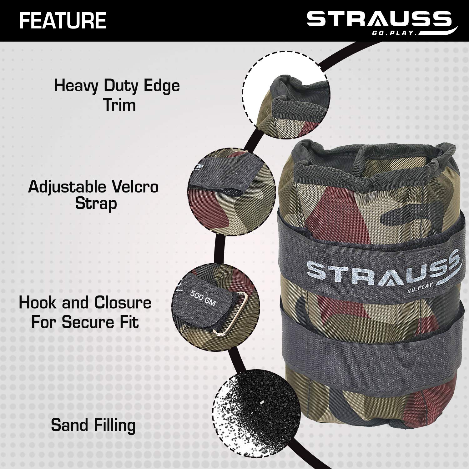 Strauss Adjustable Ankle/Wrist Weights 0.5 KG X 2 | Ideal for Walking, Running, Jogging, Cycling, Gym, Workout & Strength Training | Easy to Use on Ankle, Wrist, Leg, (Camouflage)