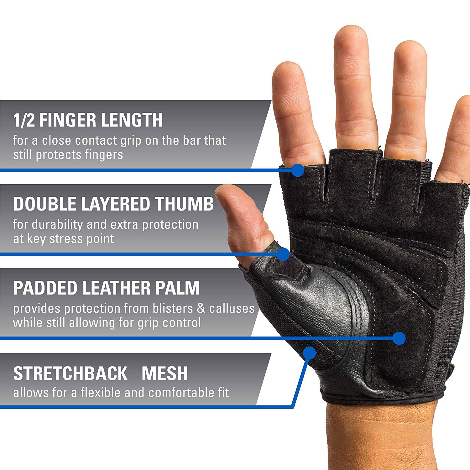 STRAUSS Stretch-Back Gym Gloves with Leather Palm, (Medium)