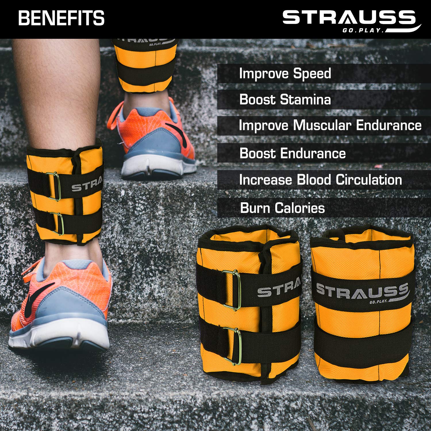 Strauss Adjustable Ankle/Wrist Weights 1.5 KG X 2 | Ideal for Walking, Running, Jogging, Cycling, Gym, Workout & Strength Training | Easy to Use on Ankle, Wrist, Leg, (Yellow)