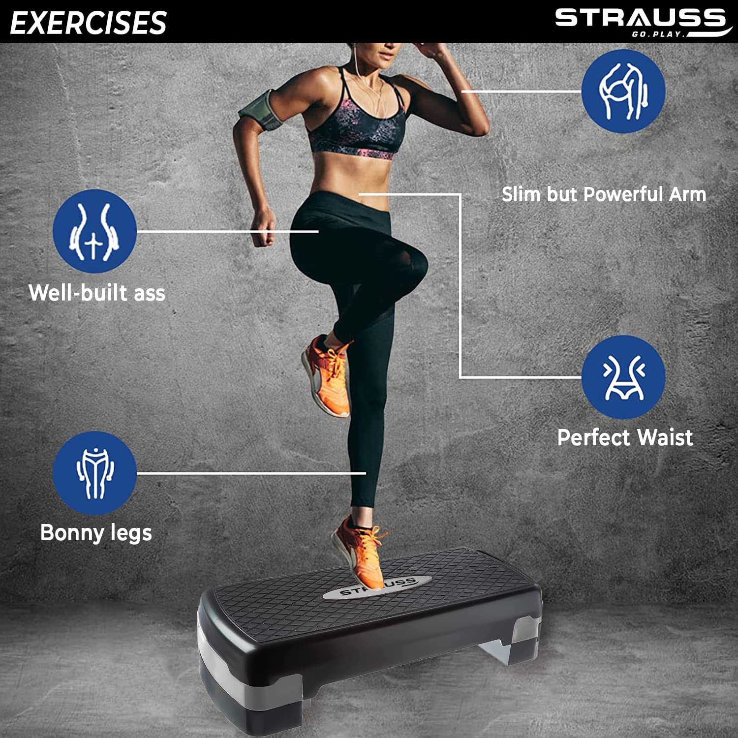Strauss Aerobic Stepper | Two Height Level Adjustments - 4 inches and 6 inches | Slip-Resistant & Shock Absorbing Platform for Extra-Durability - Supports Upto 200 KG, (Grey)