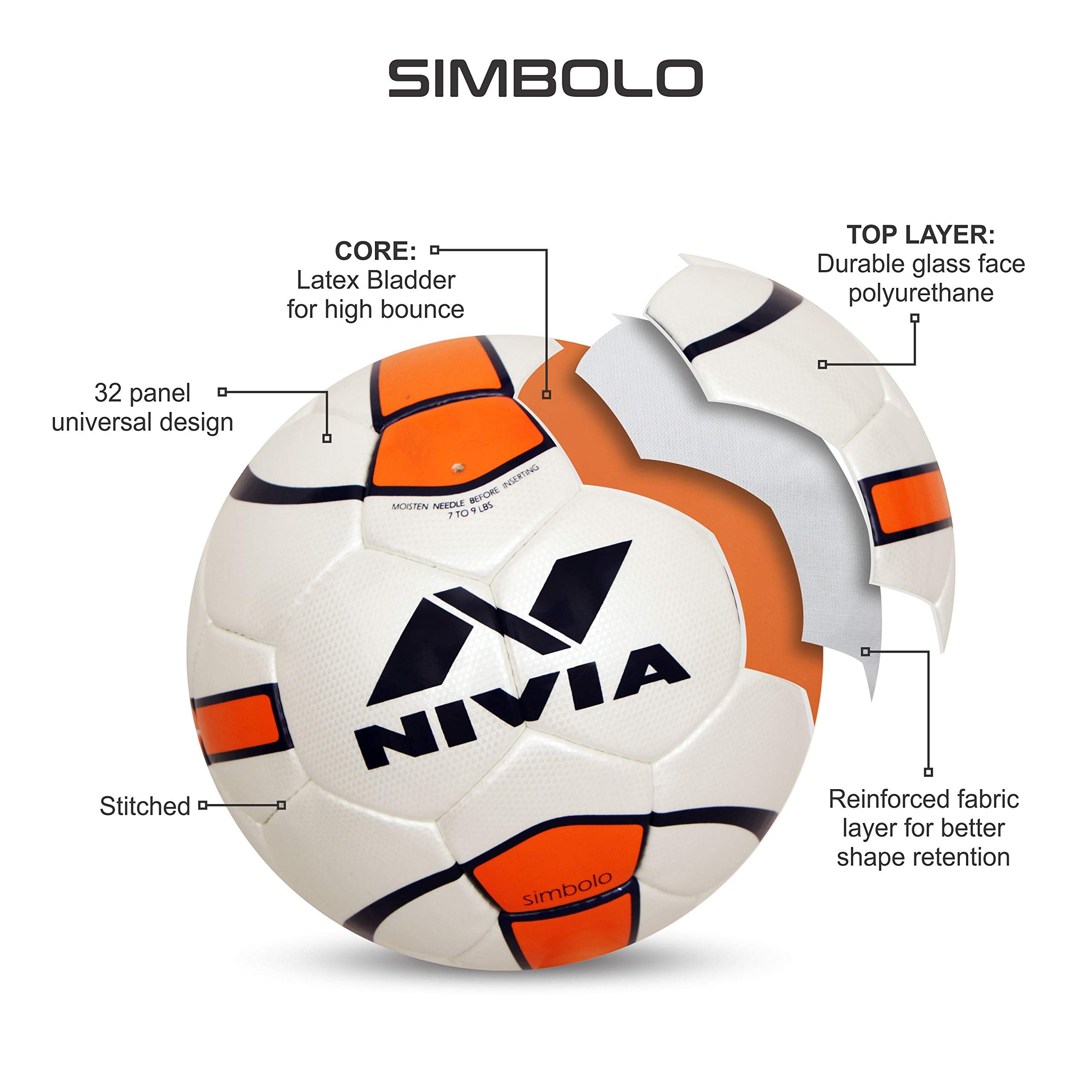 Nivia Simbolo Football, Size 5 (White/Orange), Leather