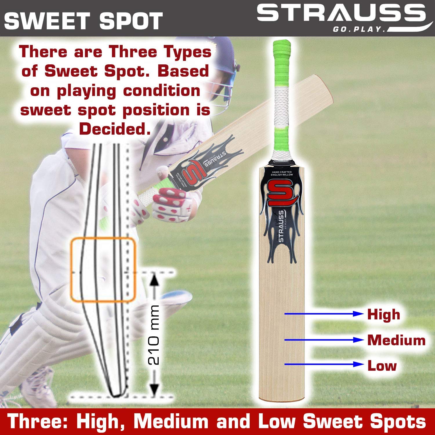 Strauss Cricket Bat | Edition: Advanced | English Willow | Size: Short Handle | Grade: 1 | Premium Leather Ball Cricket Bat