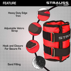 Strauss Adjustable Ankle/Wrist Weights 1.5 KG X 2 | Ideal for Walking, Running, Jogging, Cycling, Gym, Workout & Strength Training | Easy to Use on Ankle, Wrist, Leg, (Red)