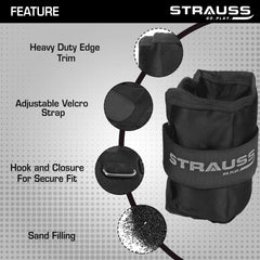 Strauss Adjustable Ankle/Wrist Weights 1 KG X 2 | Ideal for Walking, Running, Jogging, Cycling, Gym, Workout & Strength Training | Easy to Use on Ankle, Wrist, Leg, (Black)