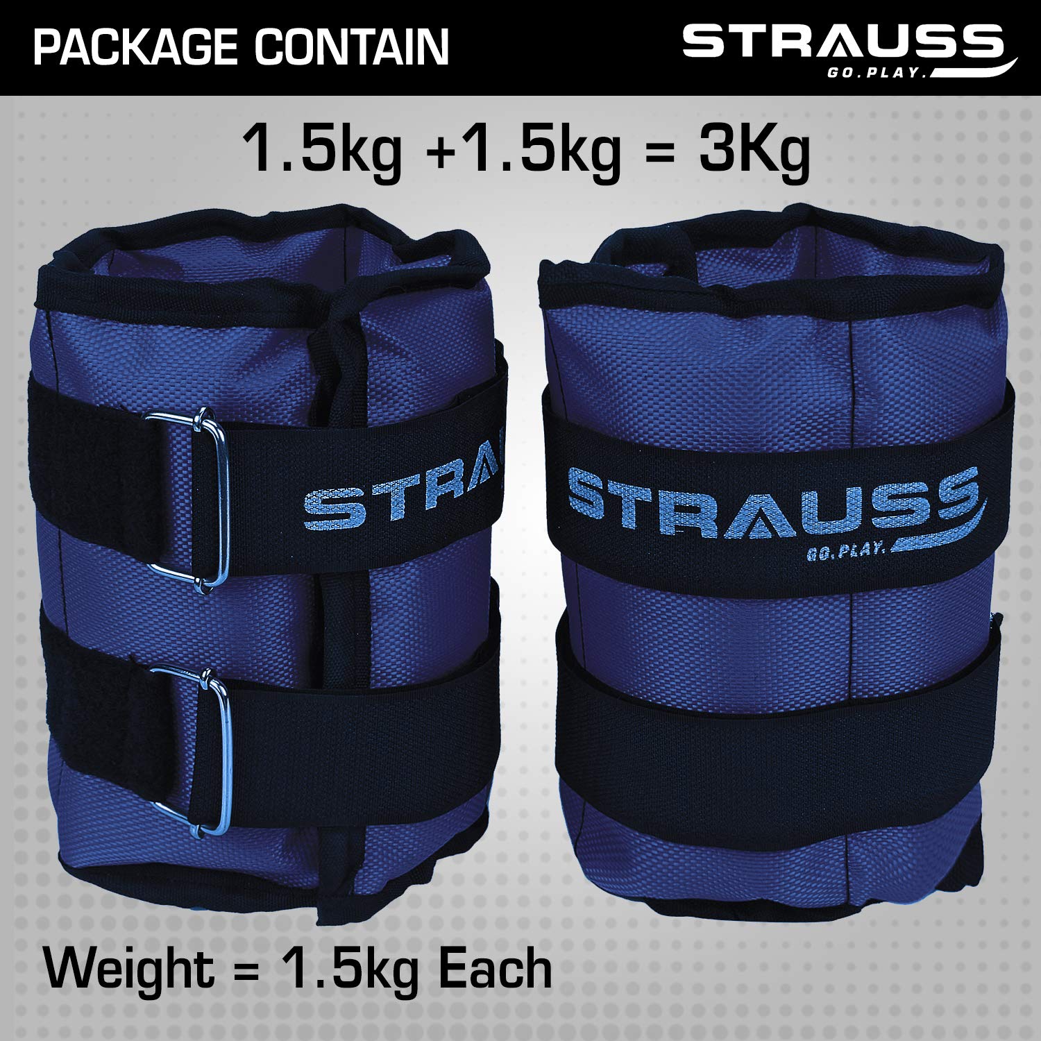 Strauss Adjustable Ankle/Wrist Weights 1.5 KG X 2 | Ideal for Walking, Running, Jogging, Cycling, Gym, Workout & Strength Training | Easy to Use on Ankle, Wrist, Leg, (Blue)