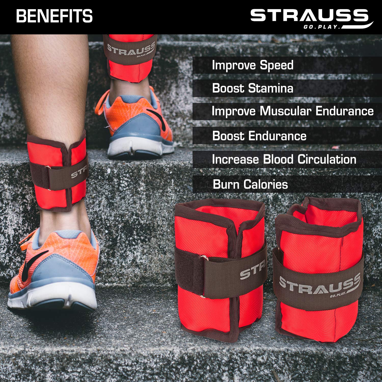 Strauss Ankle Weight, 1 Kg (Each), Pair, (Red)