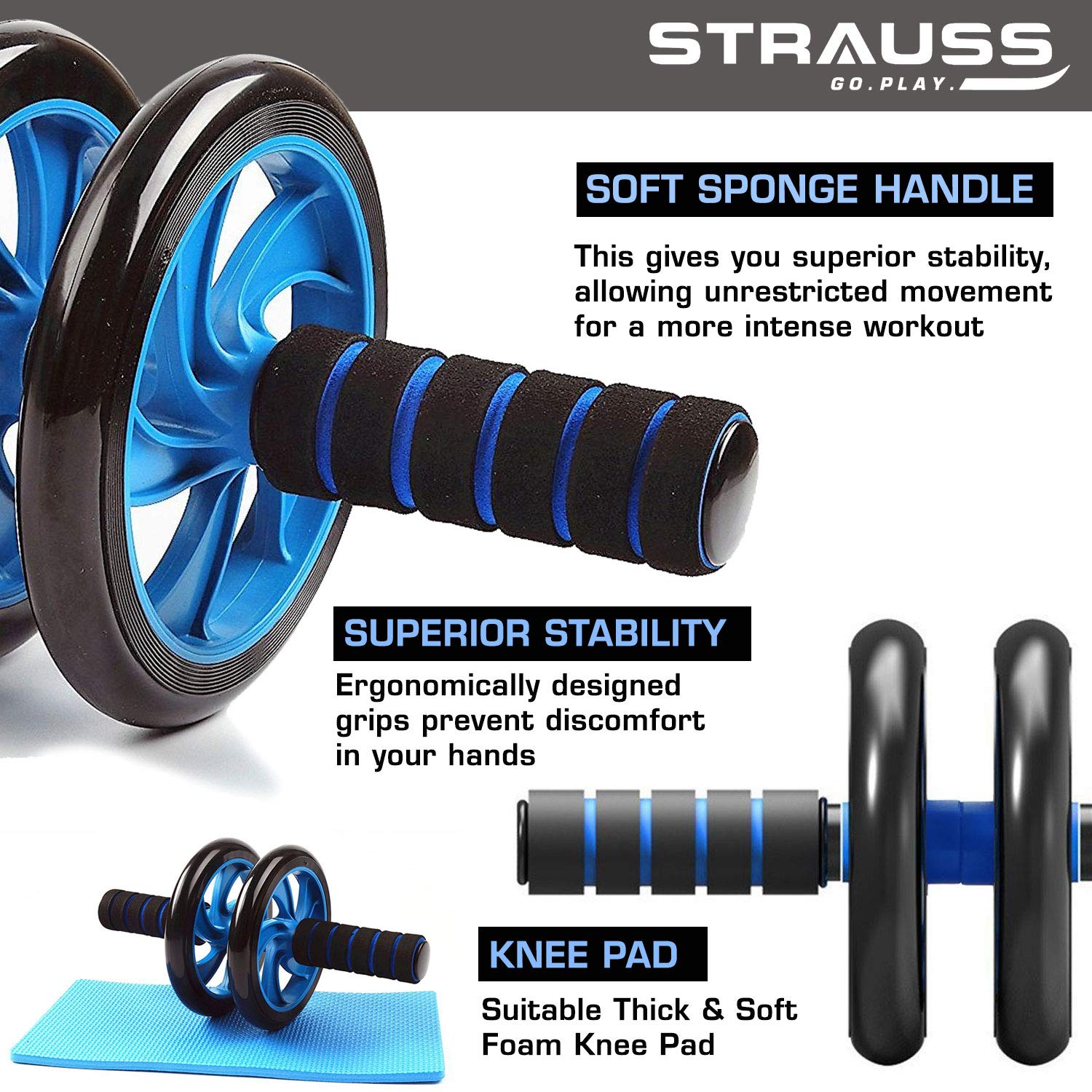 Strauss Double Wheel Ab Exerciser With Knee Pad and Yoga Soft Chest Expander