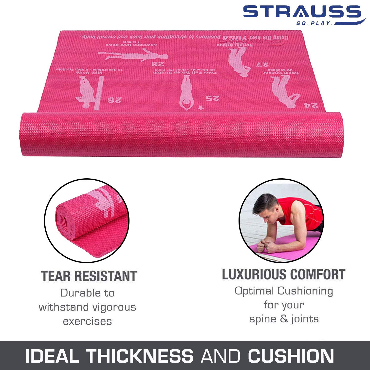 Strauss Yoga Mat 4mm Pink (Yogasana), Yoga Block Dual Color (Pink)  Pair and Yoga Belt (Orange)