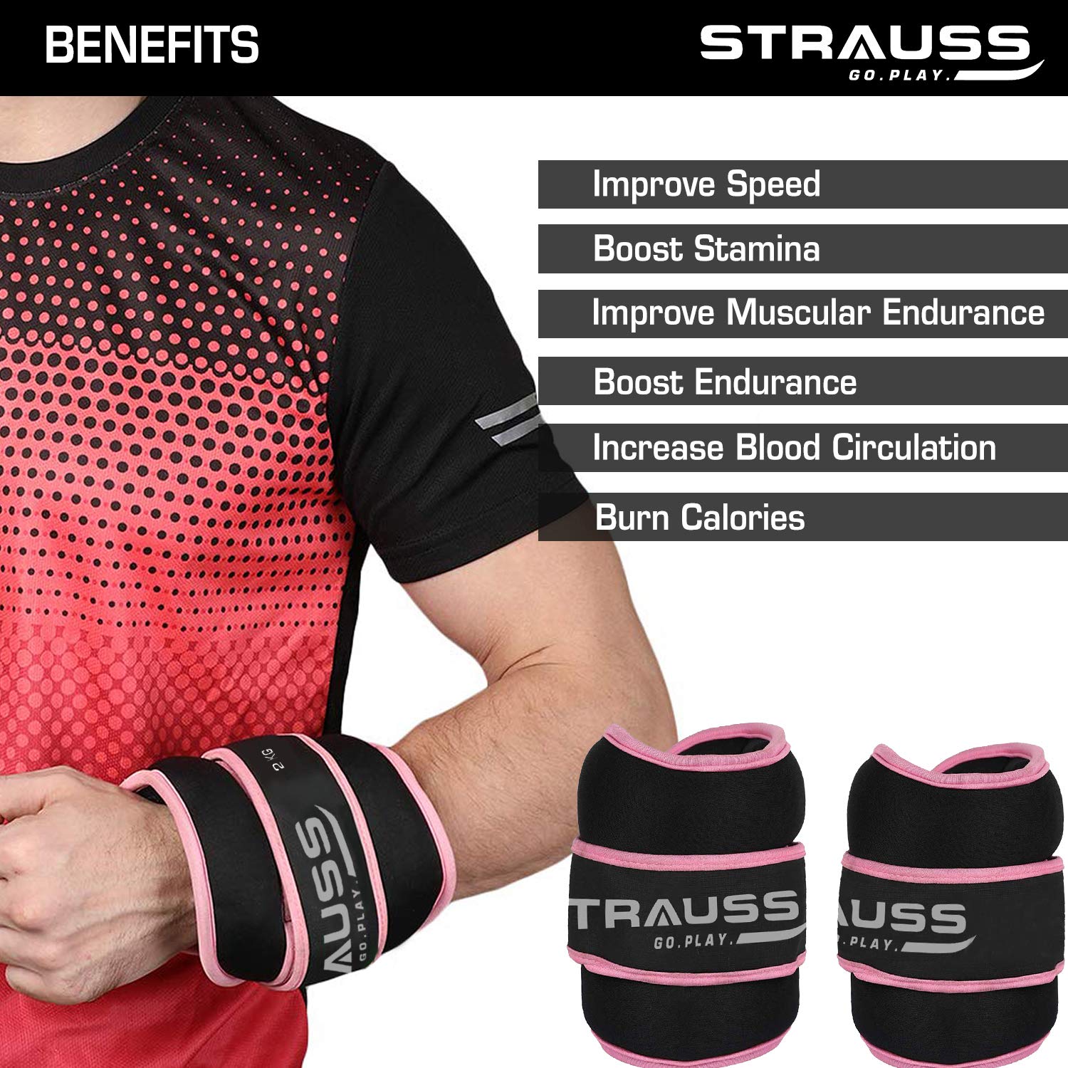 Strauss Round Shape Adjustable Ankle Weight/Wrist Weights 2 KG X 2 | Ideal for Walking, Running, Jogging, Cycling, Gym, Workout & Strength Training | Easy to Use on Ankle, Wrist, Leg, (Pink)