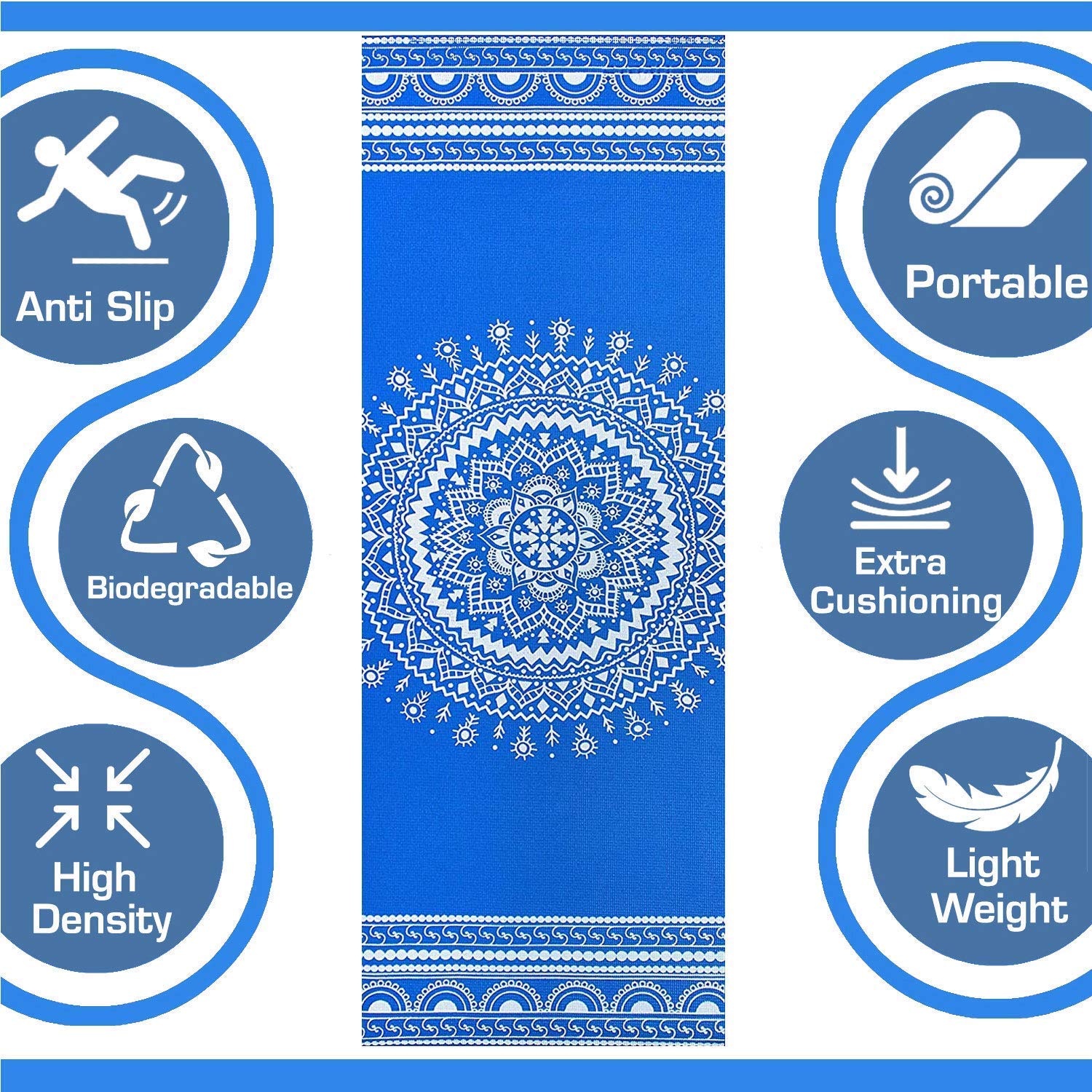 Strauss Meditation Designer Yoga Mat 5 mm (Navy Blue), Yoga Block (Navy Blue) Pair, Anti-Slip Yoga Towel (Blue) and Yoga Belt (Blue)