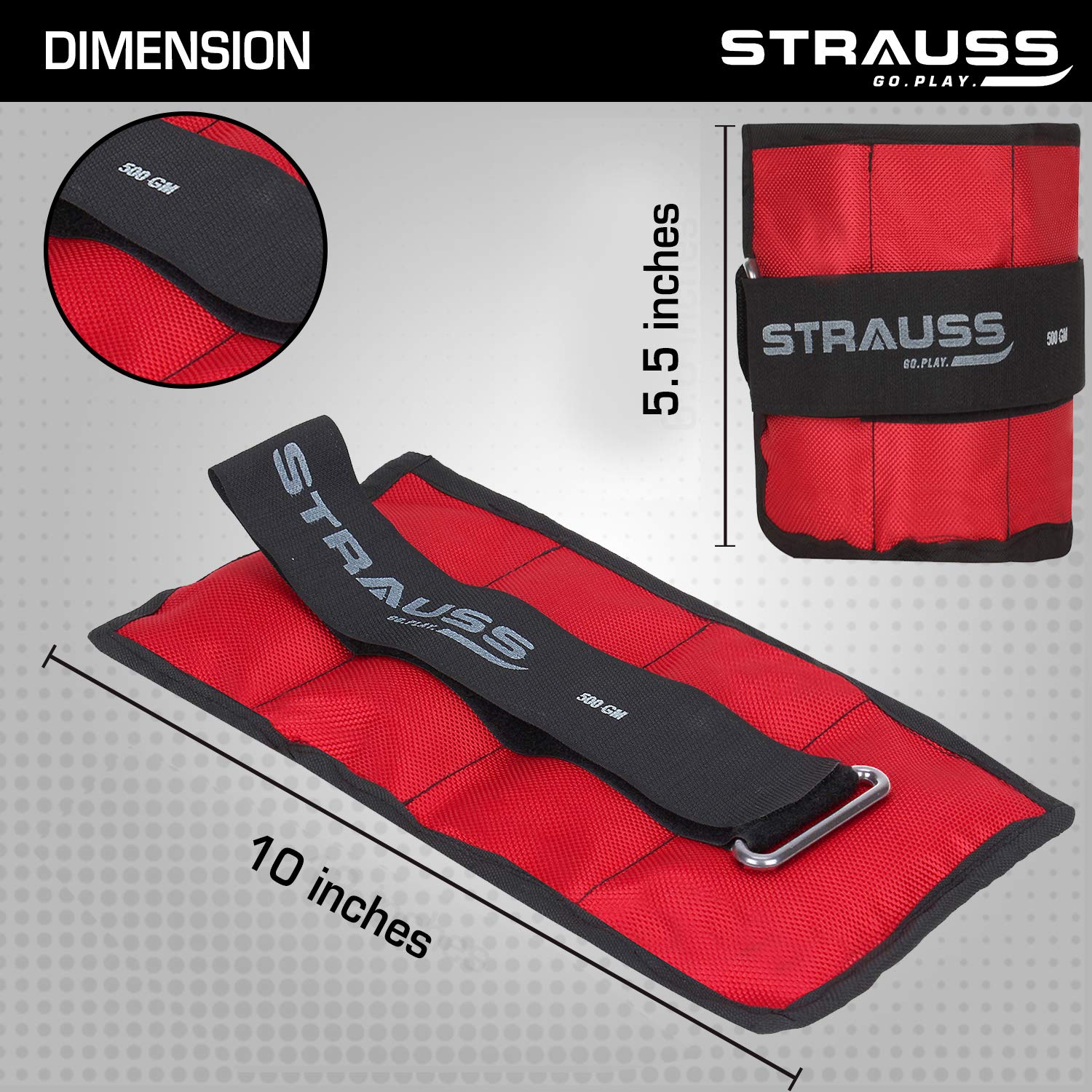 Strauss Adjustable Ankle/Wrist Weights 0.5 KG X 2 | Ideal for Walking, Running, Jogging, Cycling, Gym, Workout & Strength Training | Easy to Use on Ankle, Wrist, Leg, (Red)
