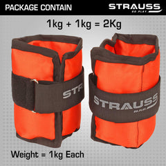 Strauss Adjustable Ankle/Wrist Weights 1 KG X 2 | Ideal for Walking, Running, Jogging, Cycling, Gym, Workout & Strength Training | Easy to Use on Ankle, Wrist, Leg, (Orange)