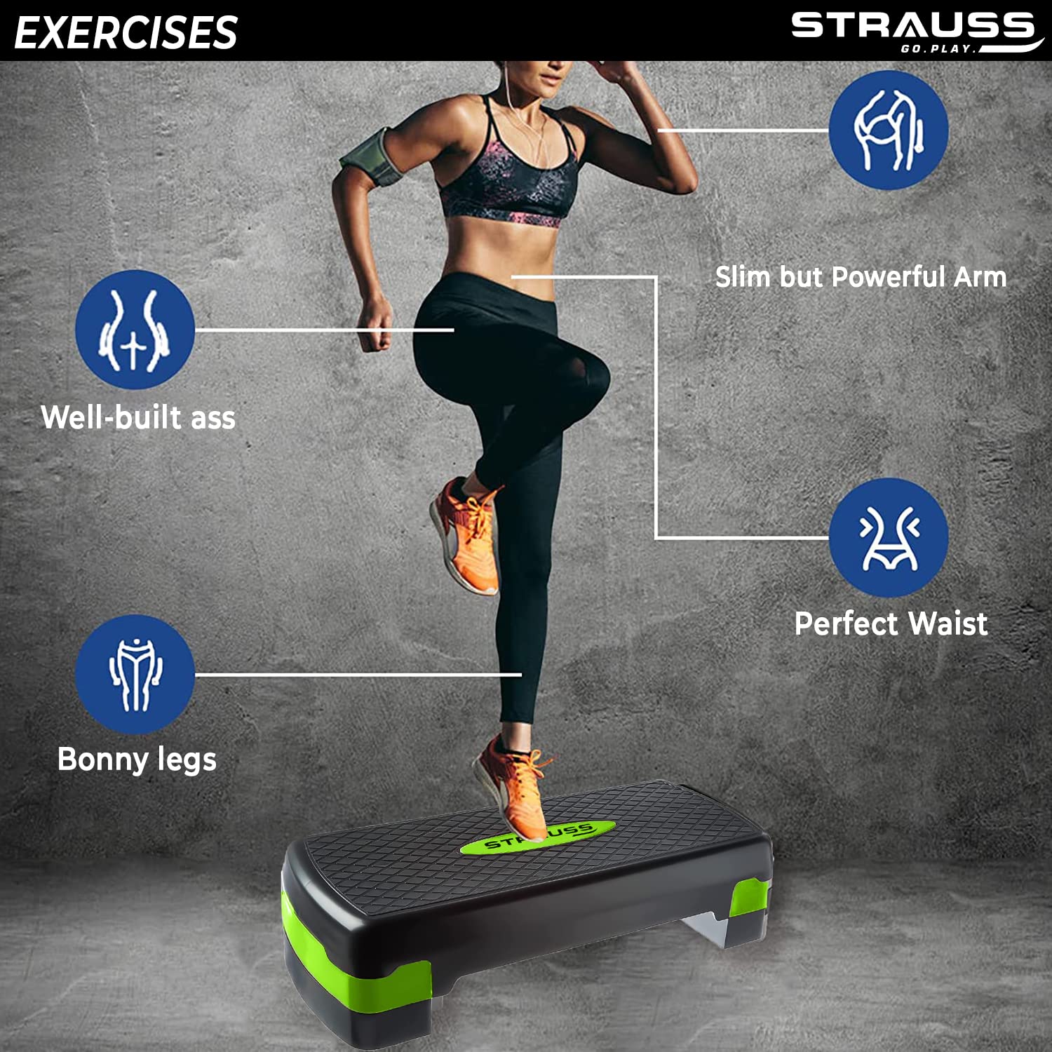 Strauss Aerobic Stepper | Two Height Level Adjustments - 4 inches and 6 inches | Slip-Resistant & Shock Absorbing Platform for Extra-Durability - Supports Upto 200 KG, (Green)