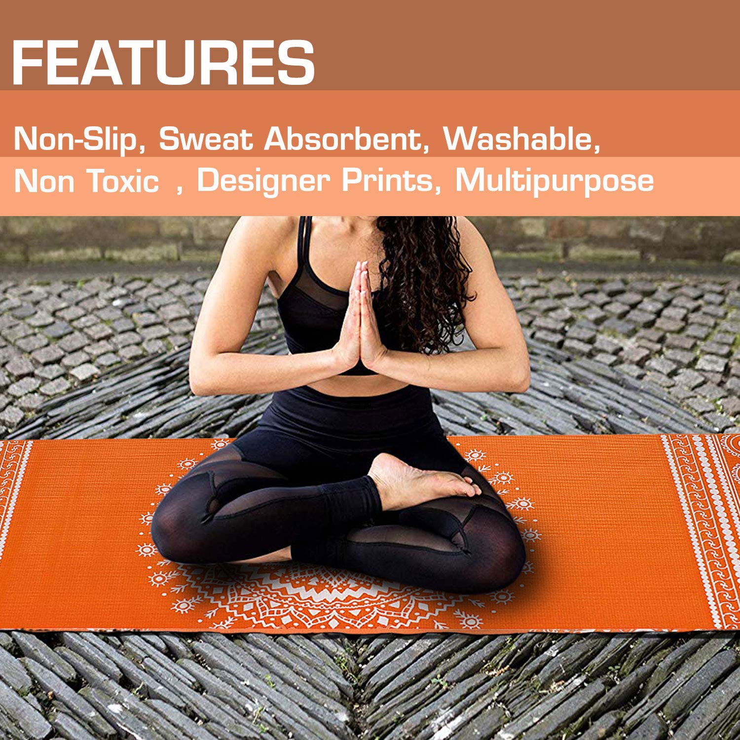 Strauss Meditation Designer Yoga Mat 5 mm (Orange), Yoga Block (Orange) Pair, Anti-Slip Yoga Towel (Blue) and Yoga Belt (Orange)