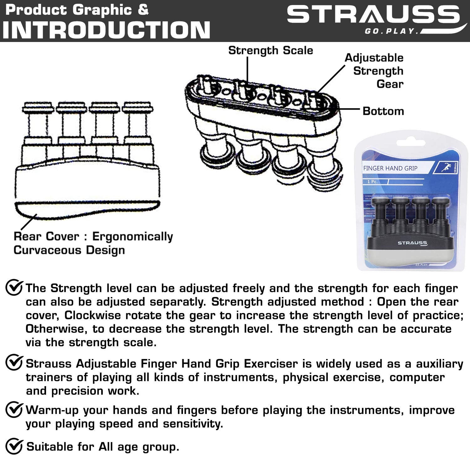 Strauss Wrist Exerciser, Black and Adjustable Finger Hand Grip, Black