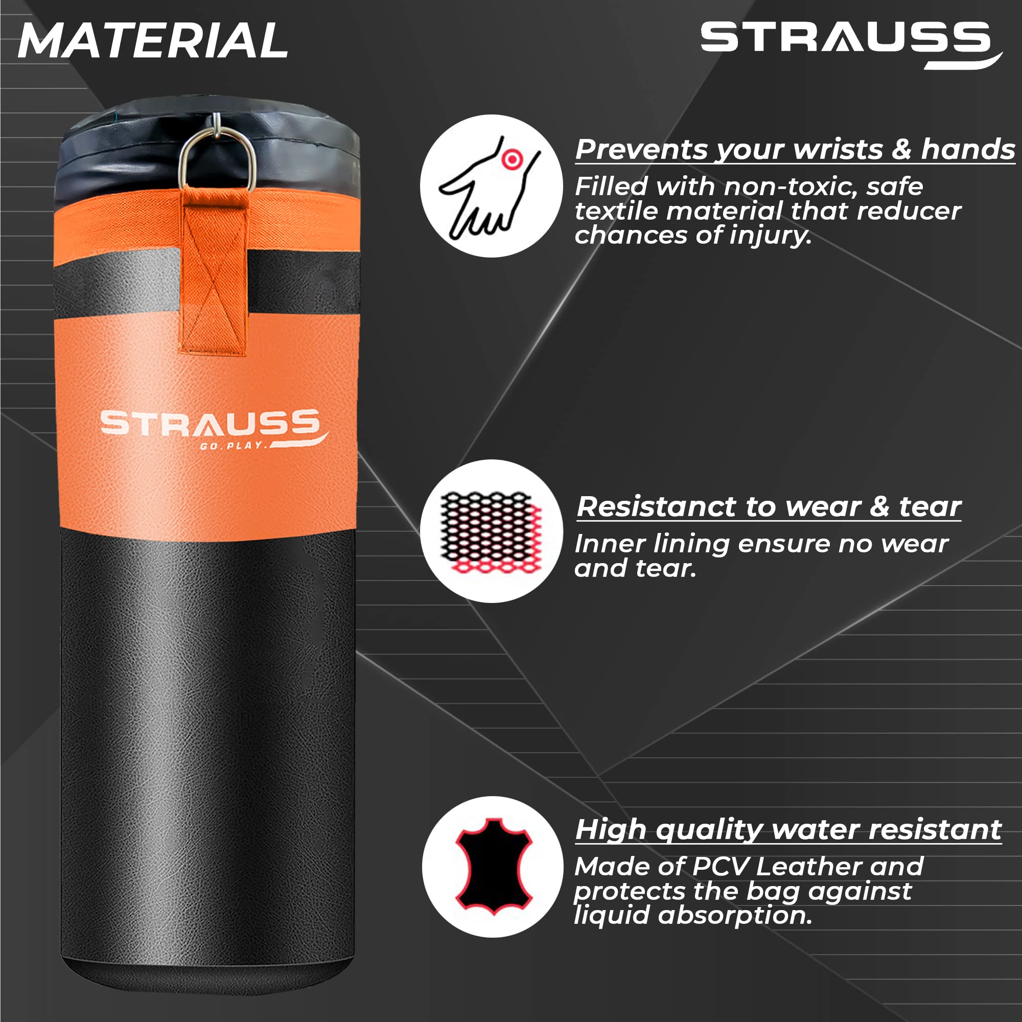 Strauss Heavy Duty PVC Leather Filled Gym Punching Bag, 3 Feet, (Black/Orange)