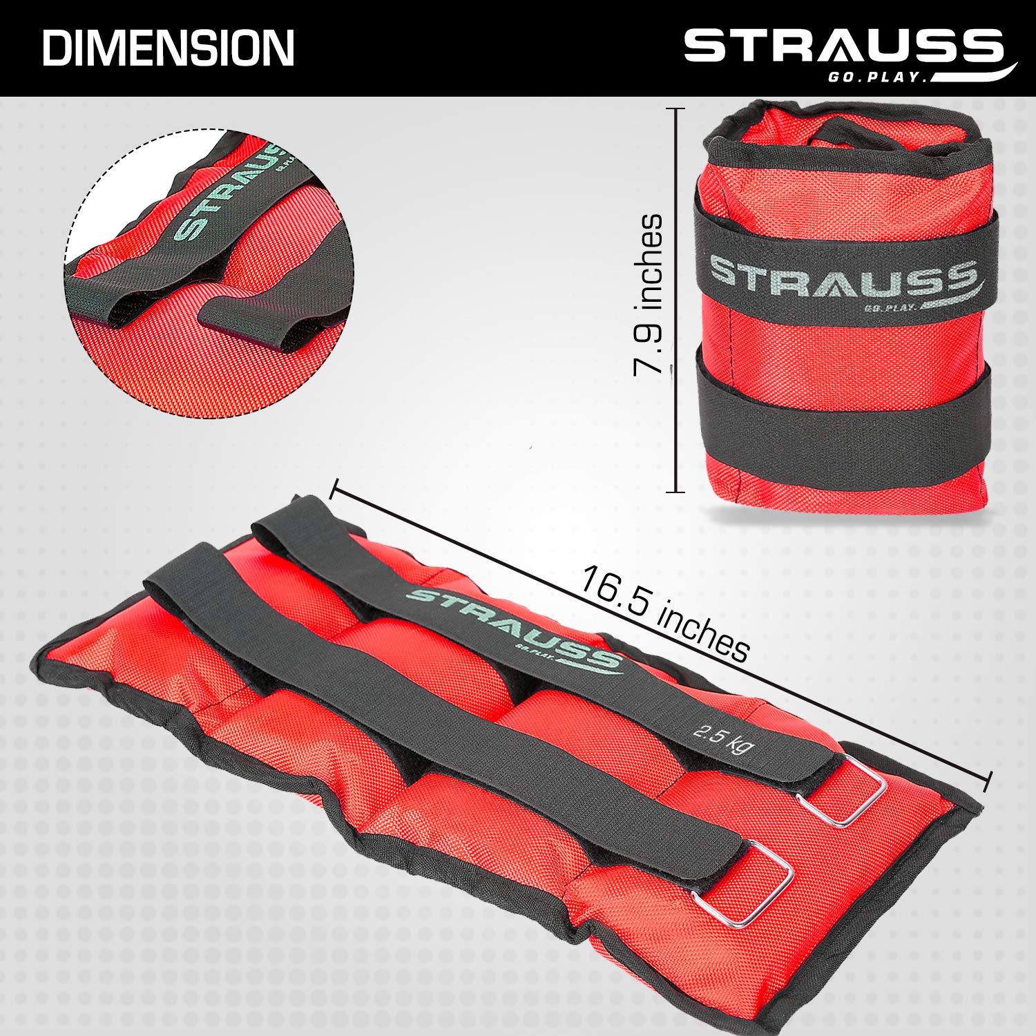 Strauss Adjustable Ankle/Wrist Weights 2.5 KG X 2 | Ideal for Walking, Running, Jogging, Cycling, Gym, Workout & Strength Training | Easy to Use on Ankle, Wrist, Leg, (Red)