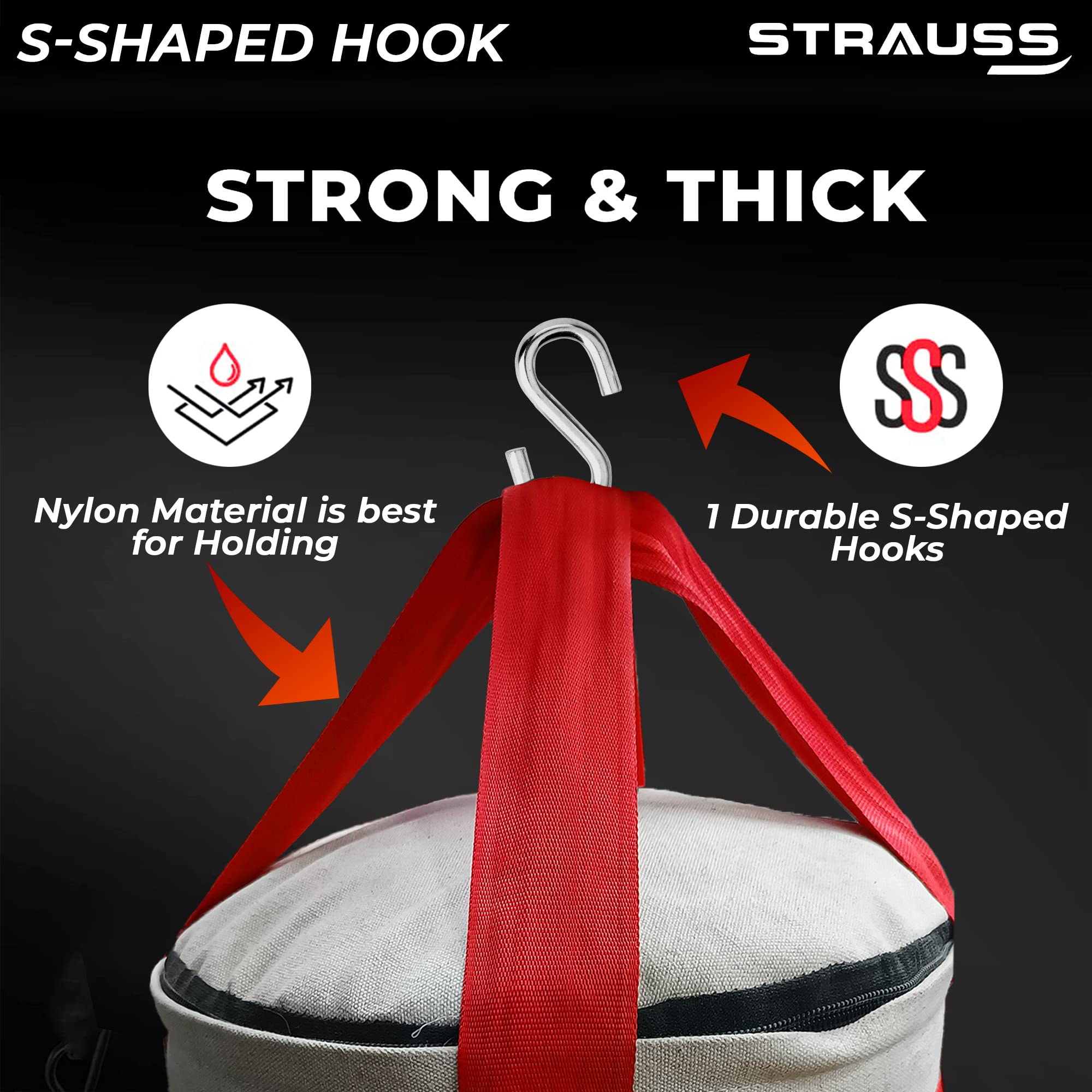 Strauss Canvas Heavy Duty Filled Gym Punching Bag | Comes with Hanging S Hook, Zippered Top Head Closure & Heavy Straps | 4 Feet, (Cream/Red)