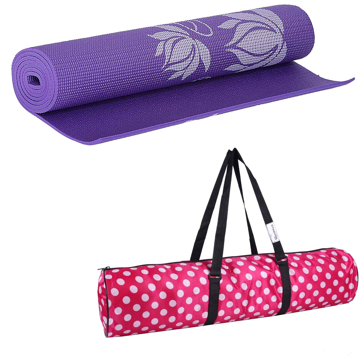 Strauss Yoga Mat, 6mm (Purple Floral) and Yoga Mat Bag,Polka Dots Pink (Full Zip)