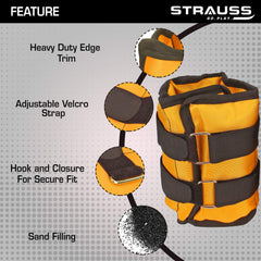 Strauss Adjustable Ankle/Wrist Weights 1.5 KG X 2 | Ideal for Walking, Running, Jogging, Cycling, Gym, Workout & Strength Training | Easy to Use on Ankle, Wrist, Leg, (Yellow)