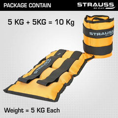 Strauss Adjustable Ankle/Wrist Weights 5 KG X 2 | Ideal for Walking, Running, Jogging, Cycling, Gym, Workout & Strength Training | Easy to Use on Ankle, Wrist, Leg, (Yellow)