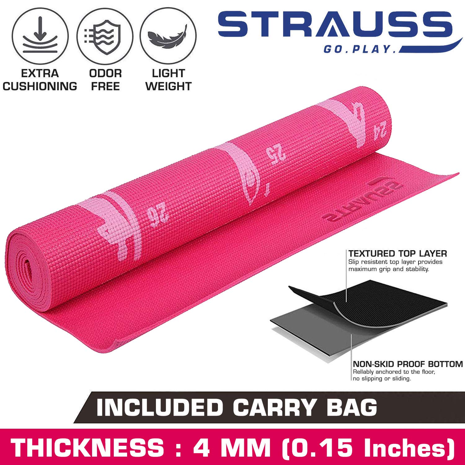 Strauss Yoga Mat 4mm Pink (Yogasana), Yoga Block Dual Color (Pink)  Pair, Anti-Slip Yoga Towel (Blue) and Yoga Belt (Orange)