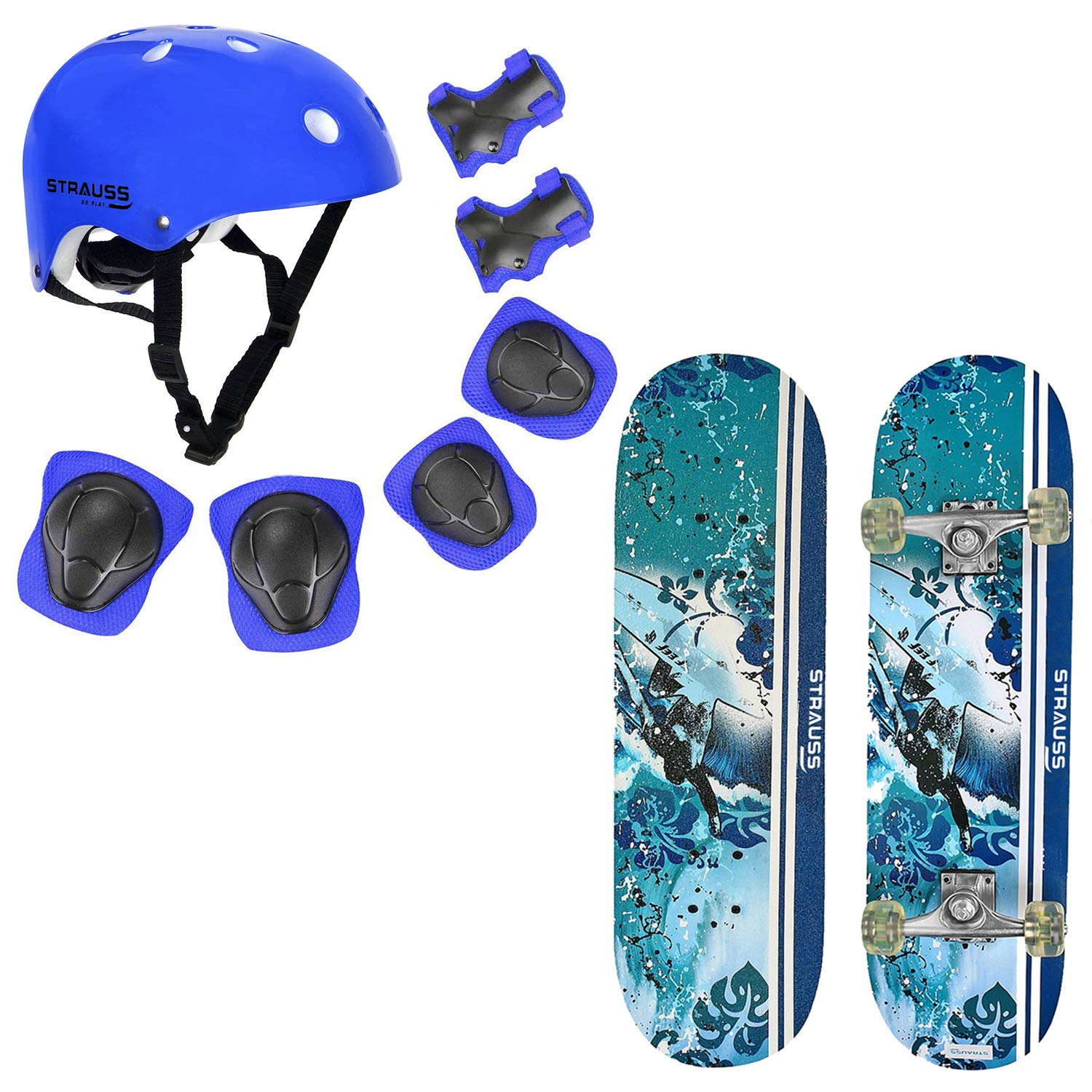 Strauss Bronx FT Skateboard, (31" x 8") with Protective Gear, Blue