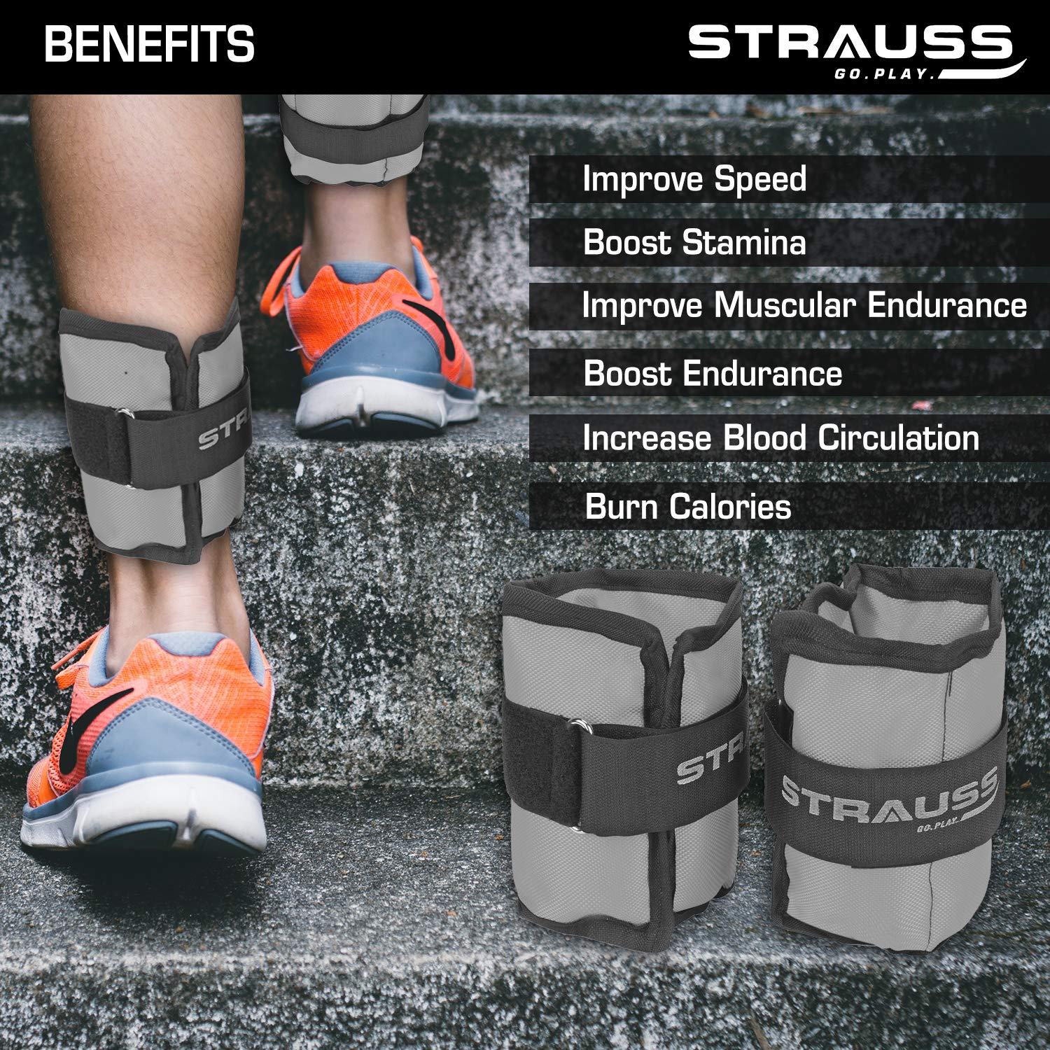Strauss Adjustable Ankle/Wrist Weights 0.5 KG X 2 | Ideal for Walking, Running, Jogging, Cycling, Gym, Workout & Strength Training | Easy to Use on Ankle, Wrist, Leg, (Grey)