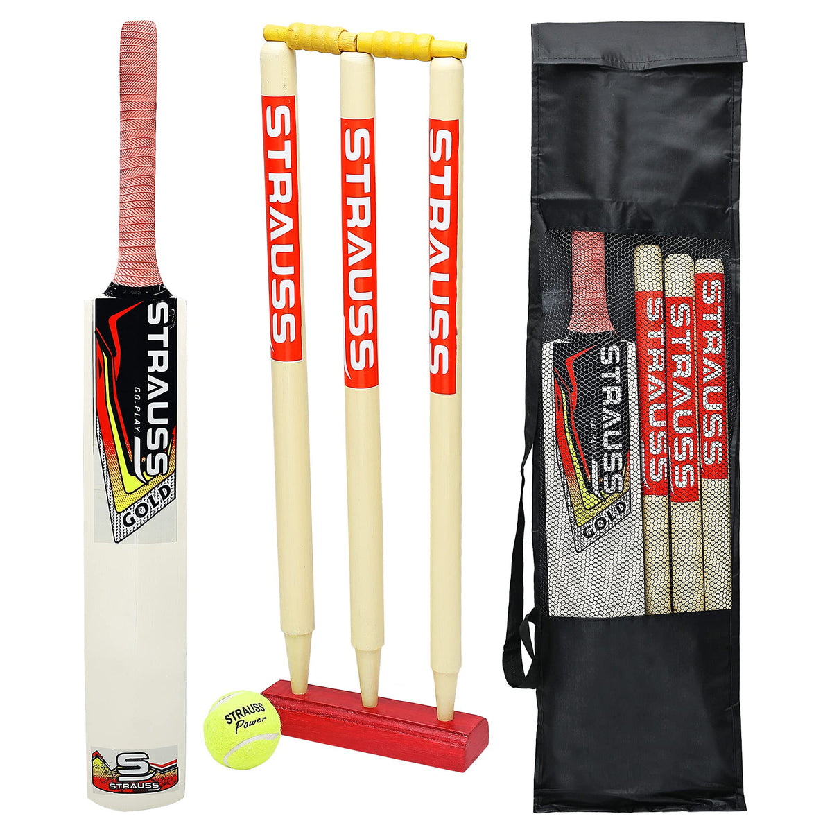 Strauss Cricket Kit, Size- 5 (Popular Willow bat+3 Stumps+Holder+1 Ball+Carry Bag)