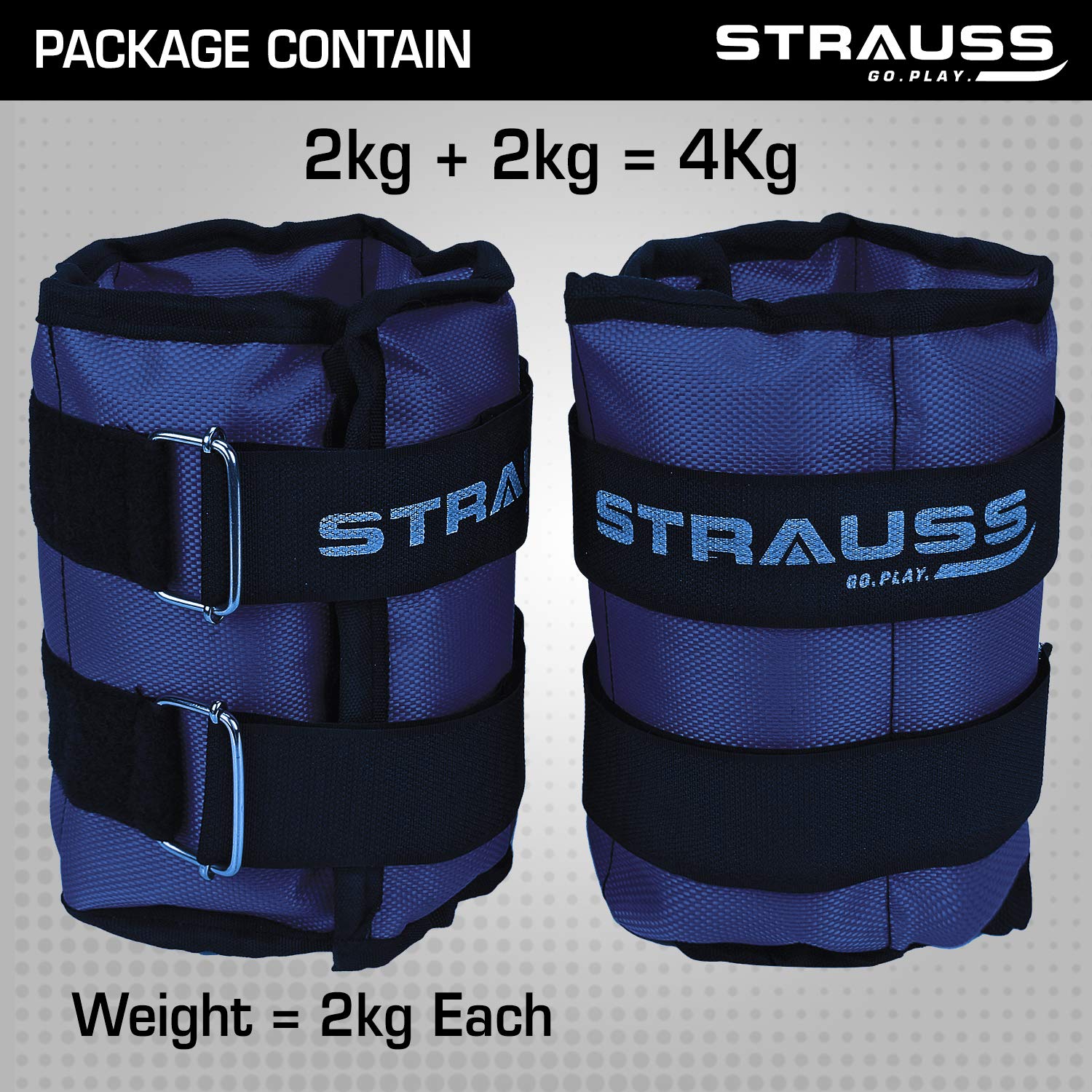 Strauss Adjustable Ankle/Wrist Weights 2 KG X 2 | Ideal for Walking, Running, Jogging, Cycling, Gym, Workout & Strength Training | Easy to Use on Ankle, Wrist, Leg, (Blue)