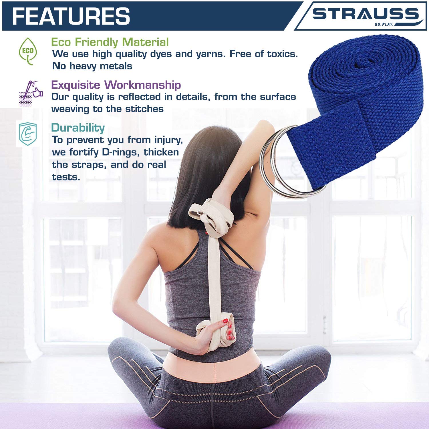 Strauss Lightweight Eco Friendly Yoga Mat 6 mm (Blue), Yoga Block (Navy Blue) Pair and Yoga Belt (Blue)