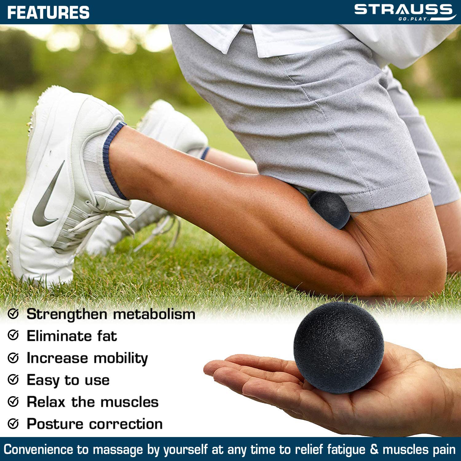 Strauss Yoga & Lacrosse Massage Single Lightweight Peanut Shaped Ball | Ideal for Physiotherapy, Deep Tissue Massage, Trigger Point Therapy, Muscle Knots | High-Density Roller & Acupressure Ball for Myofascial Release & Pain Relief, (Black)