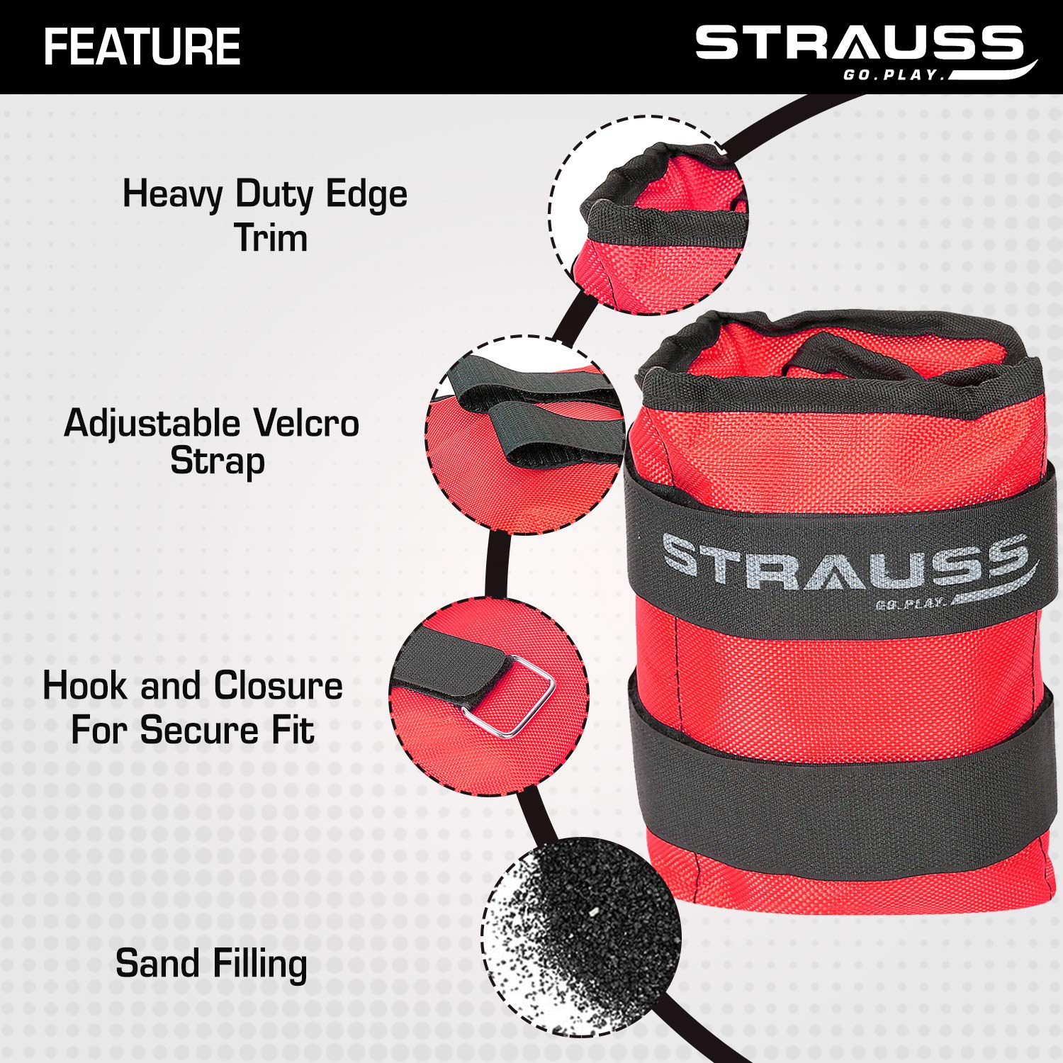 Strauss Adjustable Ankle/Wrist Weights 2.5 KG X 2 | Ideal for Walking, Running, Jogging, Cycling, Gym, Workout & Strength Training | Easy to Use on Ankle, Wrist, Leg, (Red)