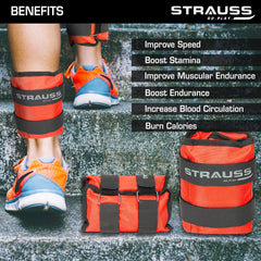 Strauss Adjustable Ankle/Wrist Weights 2.5 KG X 2 | Ideal for Walking, Running, Jogging, Cycling, Gym, Workout & Strength Training | Easy to Use on Ankle, Wrist, Leg, (Orange)